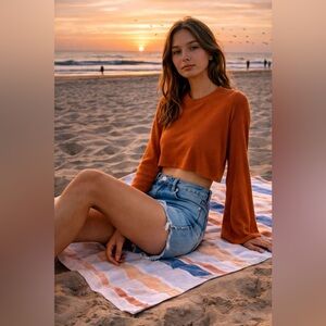 Urban Renewal Cropped Ribbed Drippy Long-Sleeve Top - Terracotta Color